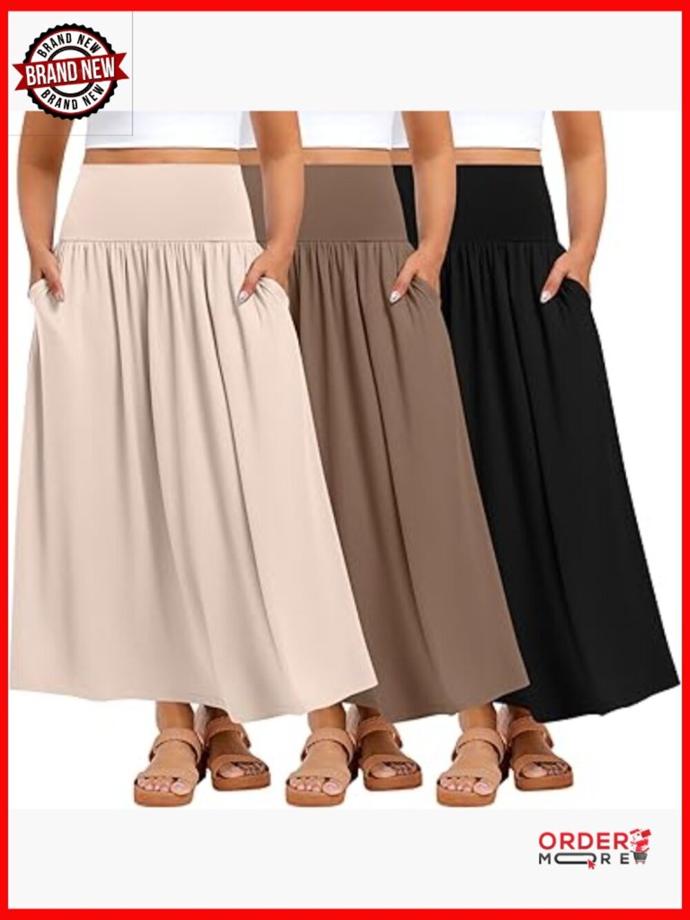 3-Pack Plus Size Maxi Skirts for Curvy Women with Pockets High Waist